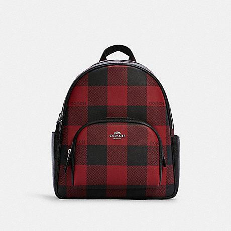 COACH C7275 Court Backpack With Buffalo Plaid Print SILVER/BLACK/1941-RED-MULTI