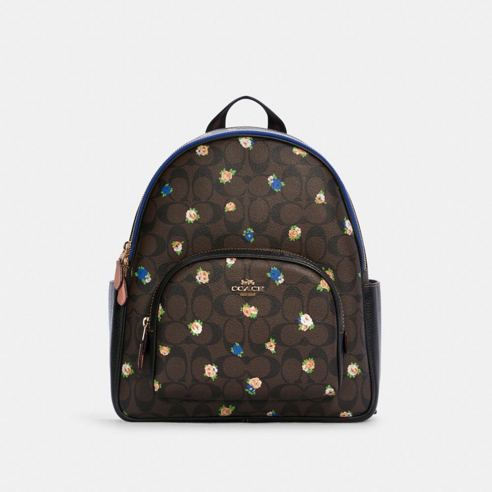 COACH Court Backpack In Signature Canvas With Vintage Mini Rose Print - GOLD/BROWN BLACK MULTI - C7276