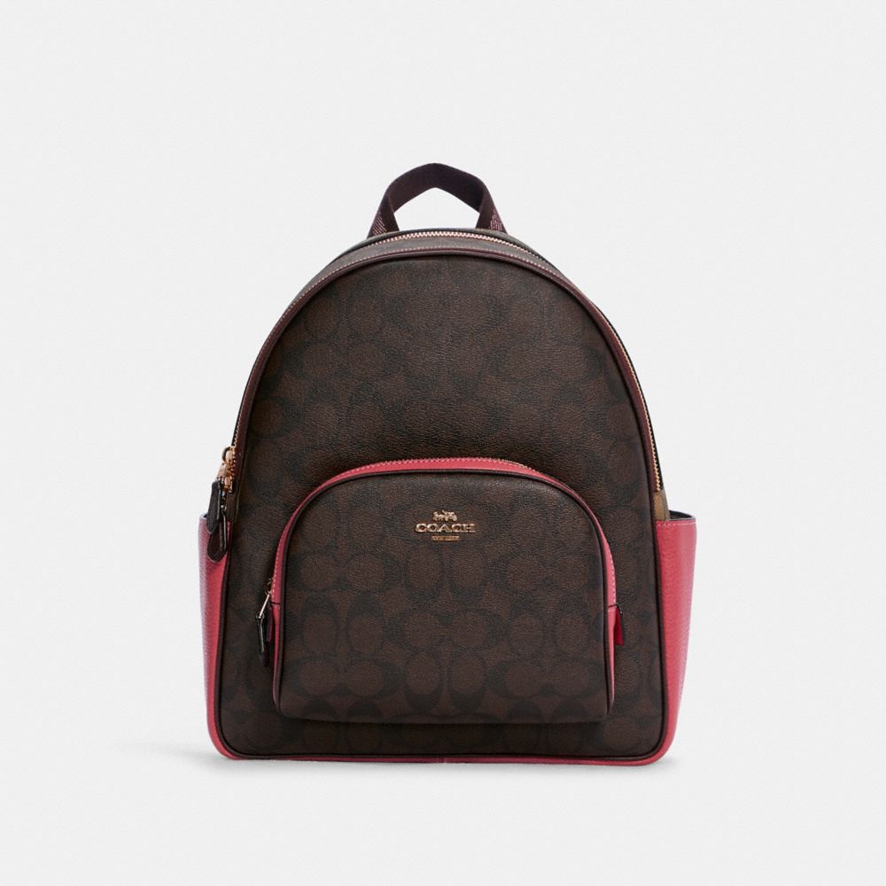 COACH C7283 Court Backpack In Blocked Signature Canvas GOLD/BROWN STRAWBERRY HAZE MULTI