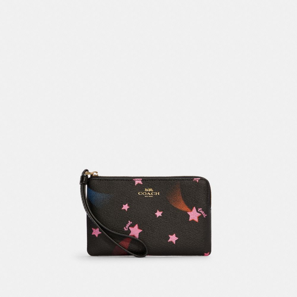 Corner Zip Wristlet With Disco Star Print - C7291 - GOLD/BLACK MULTI