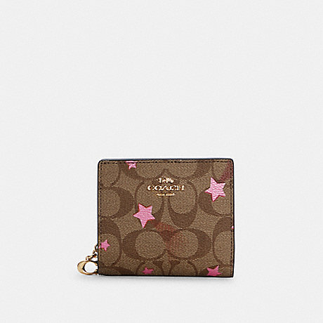 COACH Snap Wallet In Signature Canvas With Disco Star Print - GOLD/KHAKI MULTI - C7295