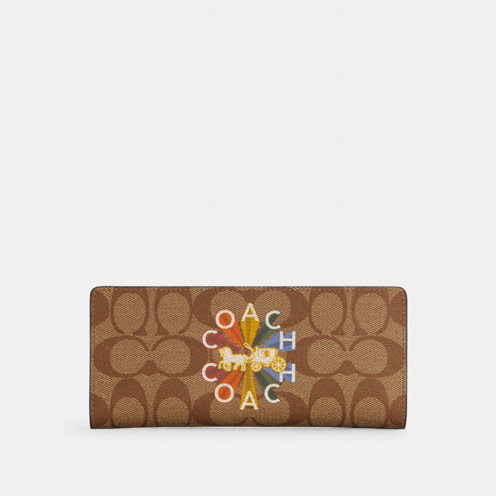 Slim Wallet In Signature Canvas With Coach Radial Rainbow - GOLD/KHAKI MULTI - COACH C7305