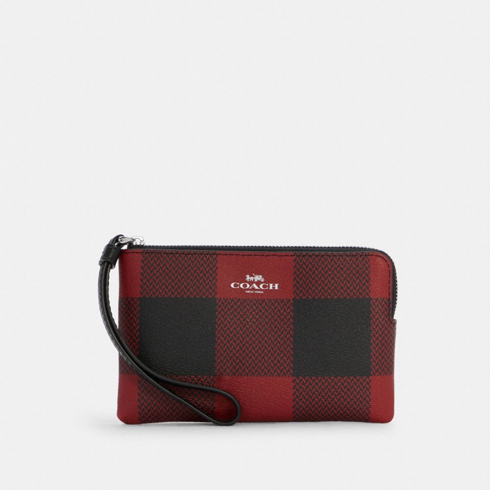 COACH C7307 - Corner Zip Wristlet With Buffalo Plaid Print SILVER/BLACK RED MULTI