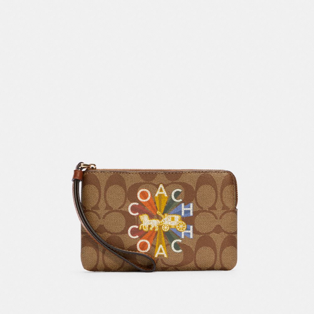 COACH C7308 Corner Zip Wristlet In Signature Canvas With Coach Radial Rainbow GOLD/KHAKI MULTI