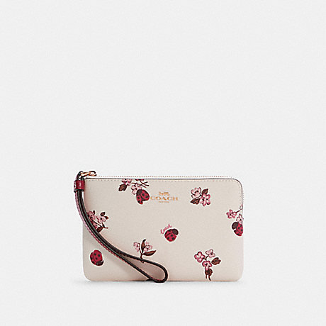COACH C7309 Corner Zip Wristlet With Ladybug Floral Print GOLD/CHALK-MULTI