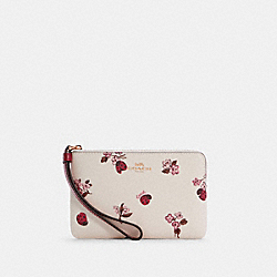 Corner Zip Wristlet With Ladybug Floral Print - GOLD/CHALK MULTI - COACH C7309