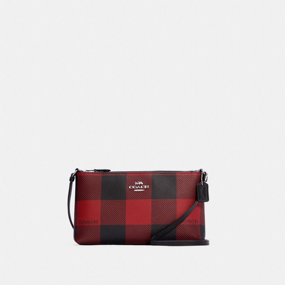 COACH C7310 Zip Top Crossbody With Buffalo Plaid Print SILVER/BLACK RED MULTI