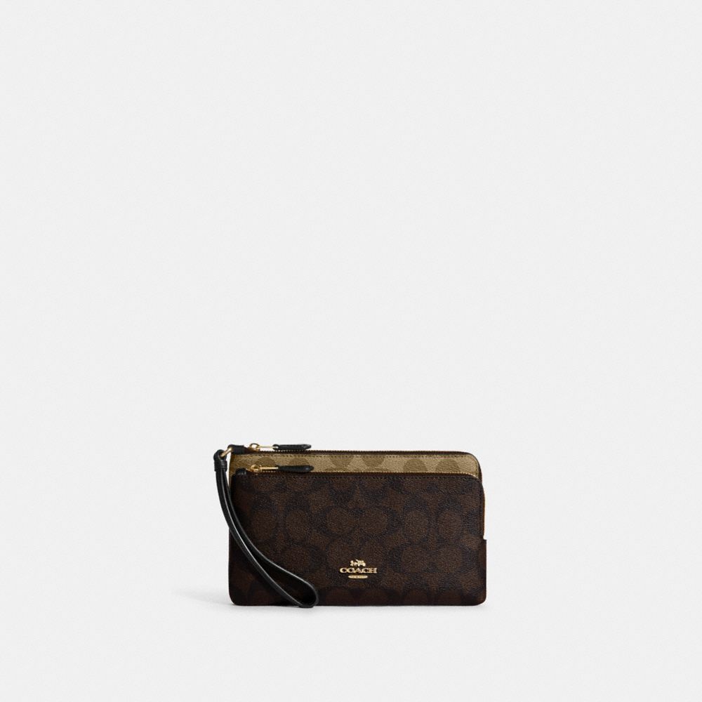 Double Zip Wallet In Blocked Signature Canvas - C7313 - Gold/Khaki Brown Multi