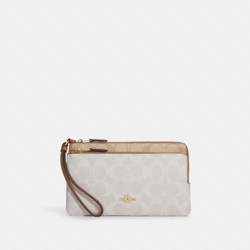 Double Zip Wallet In Blocked Signature Canvas - GOLD/CHALK/GLACIER WHITE MULTI - COACH C7313