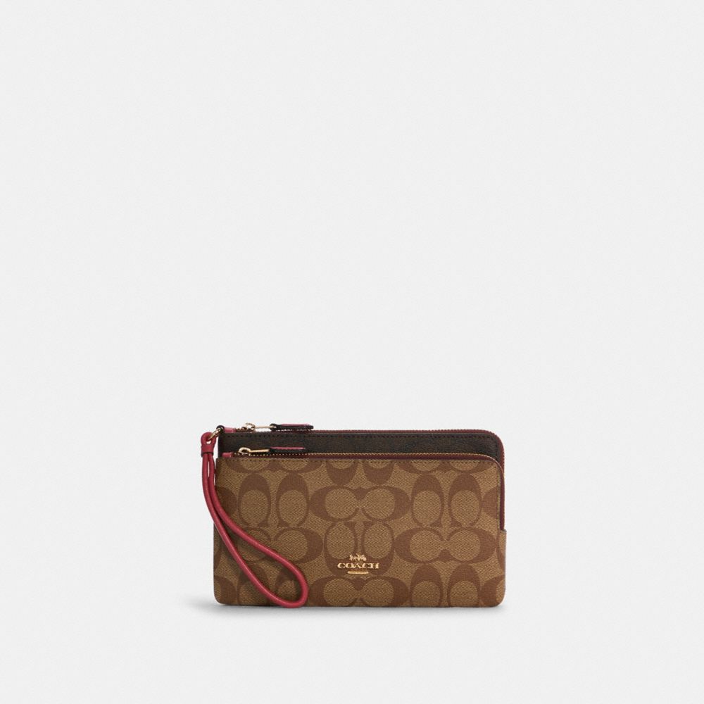 Double Zip Wallet In Blocked Signature Canvas - GOLD/BROWN STRAWBERRY HAZE MULTI - COACH C7313