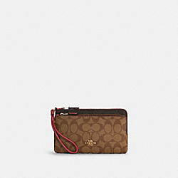 Double Zip Wallet In Blocked Signature Canvas - GOLD/BROWN STRAWBERRY HAZE MULTI - COACH C7313