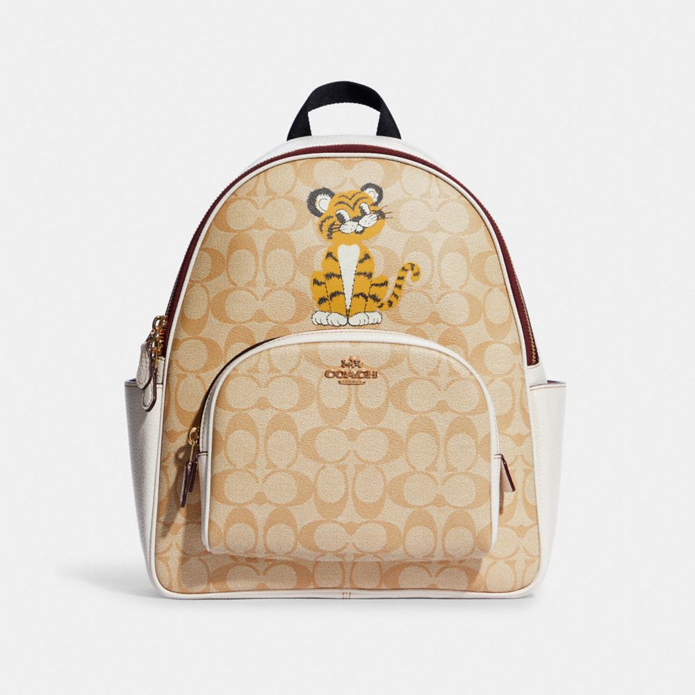 COACH Court Backpack In Signature Canvas With Tiger - GOLD/LIGHT KHAKI CHALK - C7317