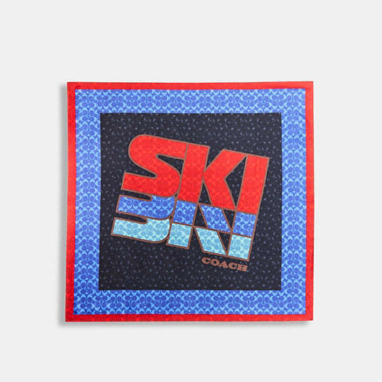 C7322 - Ski Graphic Signature Print Silk Square Scarf BLUE/RED