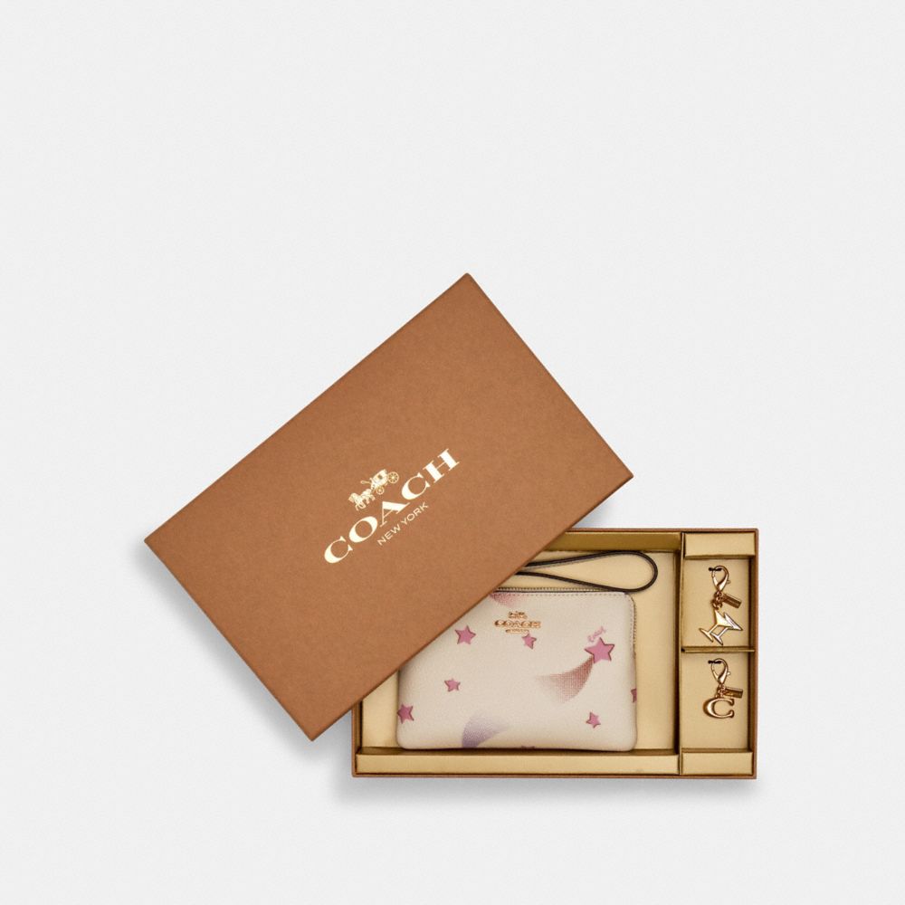 Boxed Corner Zip Wristlet With Disco Star Print - GOLD/CHALK MULTI - COACH C7350