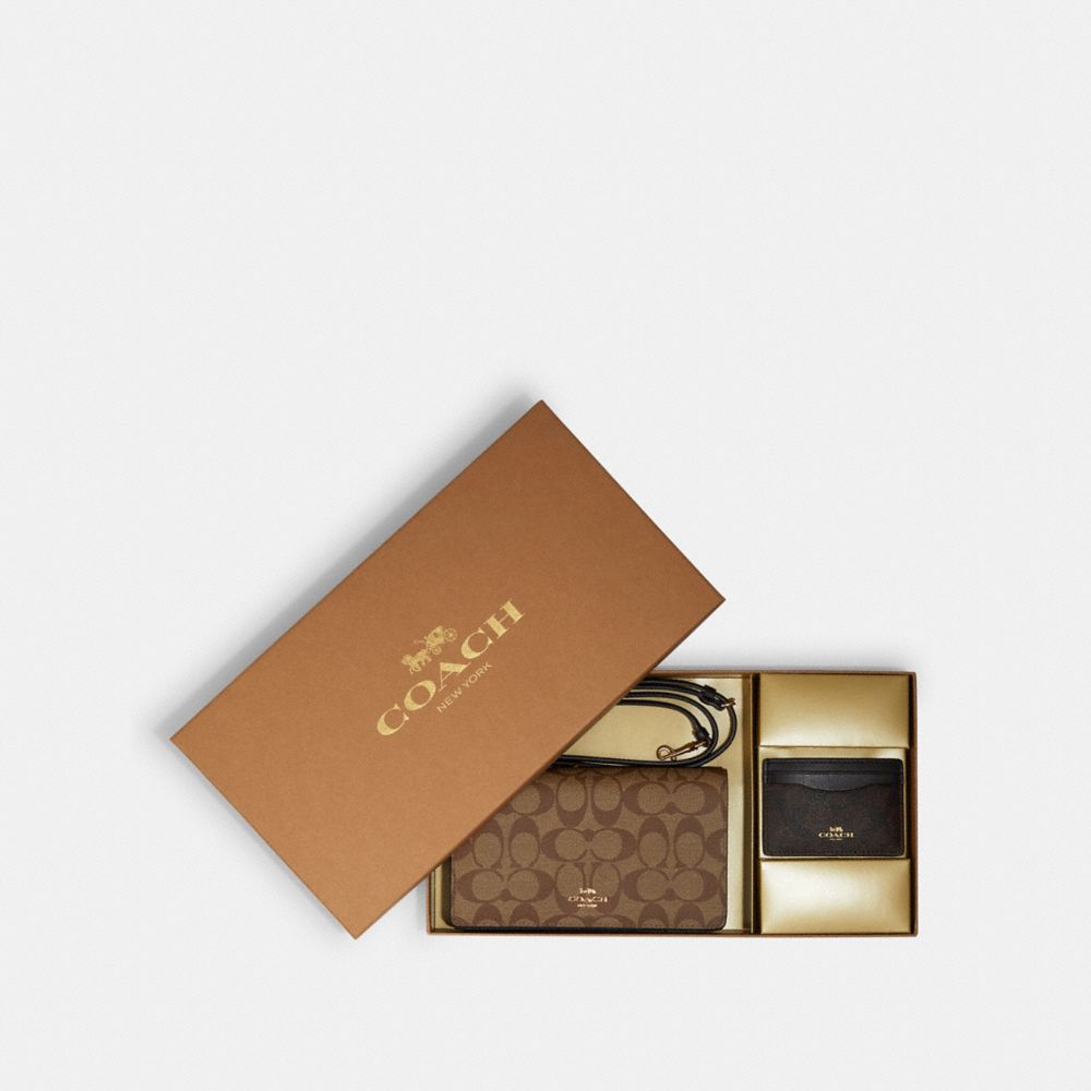 Boxed Anna Foldover Clutch Crossbody And Card Case Set In Blocked Signature Canvas - C7354 - GOLD/KHAKI BROWN MULTI
