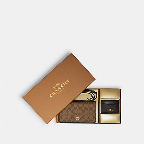 COACH Boxed Anna Foldover Clutch Crossbody And Card Case Set In Blocked Signature Canvas - GOLD/KHAKI BROWN MULTI - C7354