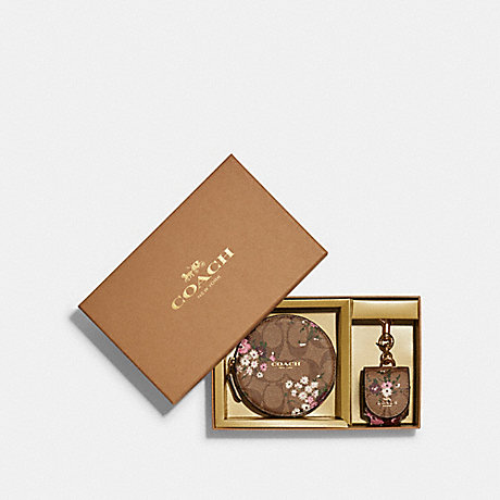 COACH C7357 Boxed Tech Organizer And Wireless Earbud Bag Charm Set In Signature Canvas With Evergreen Floral Print GOLD/KHAKI-MULTI