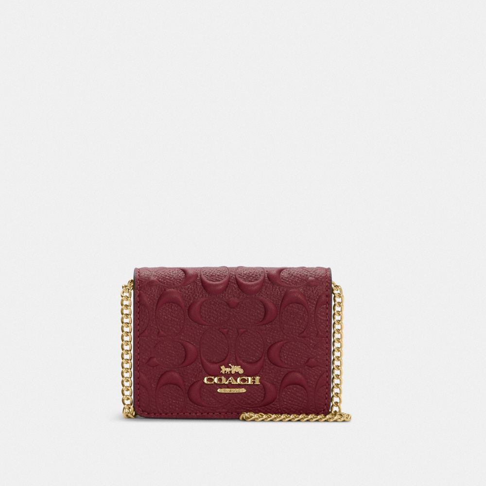 COACH C7361 Mini Wallet On A Chain In Signature Leather GOLD/CHERRY