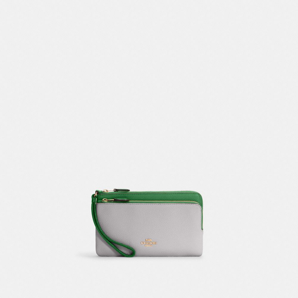 COACH C7368 Double Zip Wallet In Colorblock IM/Kelly Green Multi