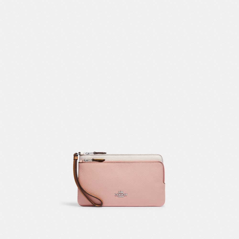 COACH C7368 Double Zip Wallet In Colorblock SILVER/CHALK/POWDER PINK MULTI