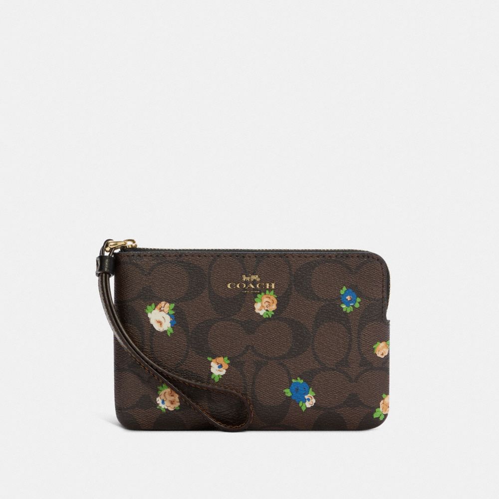 COACH C7381 - Corner Zip Wristlet In Signature Canvas With Vintage Mini Rose Print GOLD/BROWN BLACK MULTI