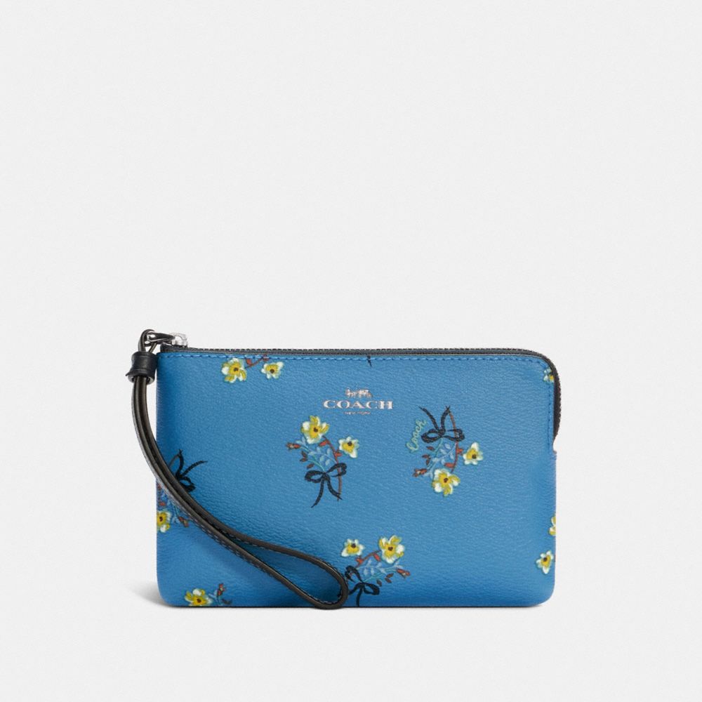 COACH C7382 - Corner Zip Wristlet With Floral Bow Print SILVER/BLUE MULTI