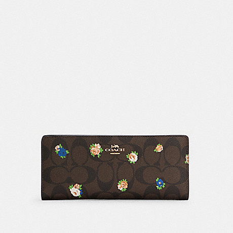 COACH Slim Wallet In Signature Canvas With Vintage Mini Rose Print - GOLD/BROWN BLACK MULTI - C7383