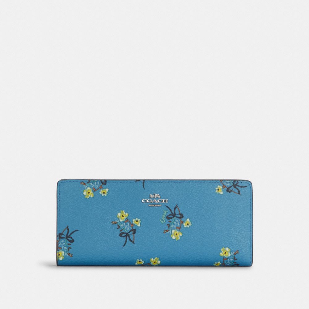 Slim Wallet With Floral Bow Print - SILVER/BLUE MULTI - COACH C7384