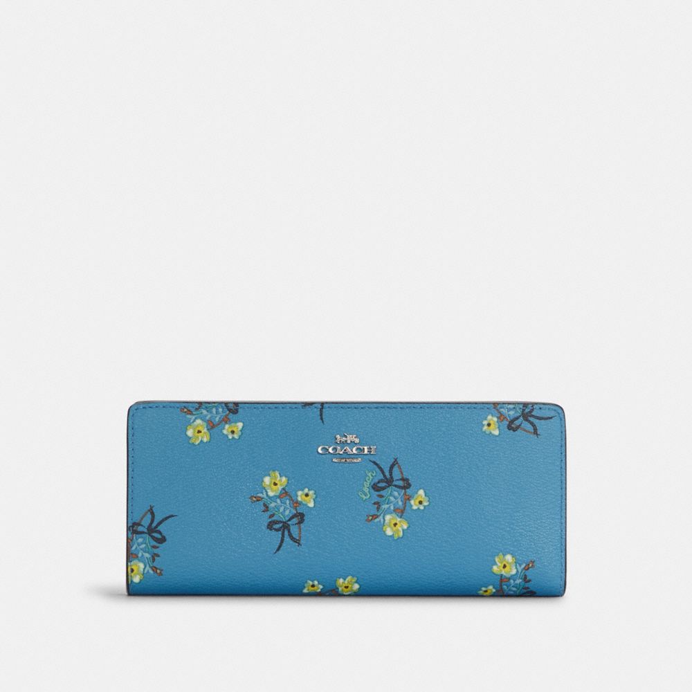 COACH C7384 Slim Wallet With Floral Bow Print SILVER/BLUE MULTI