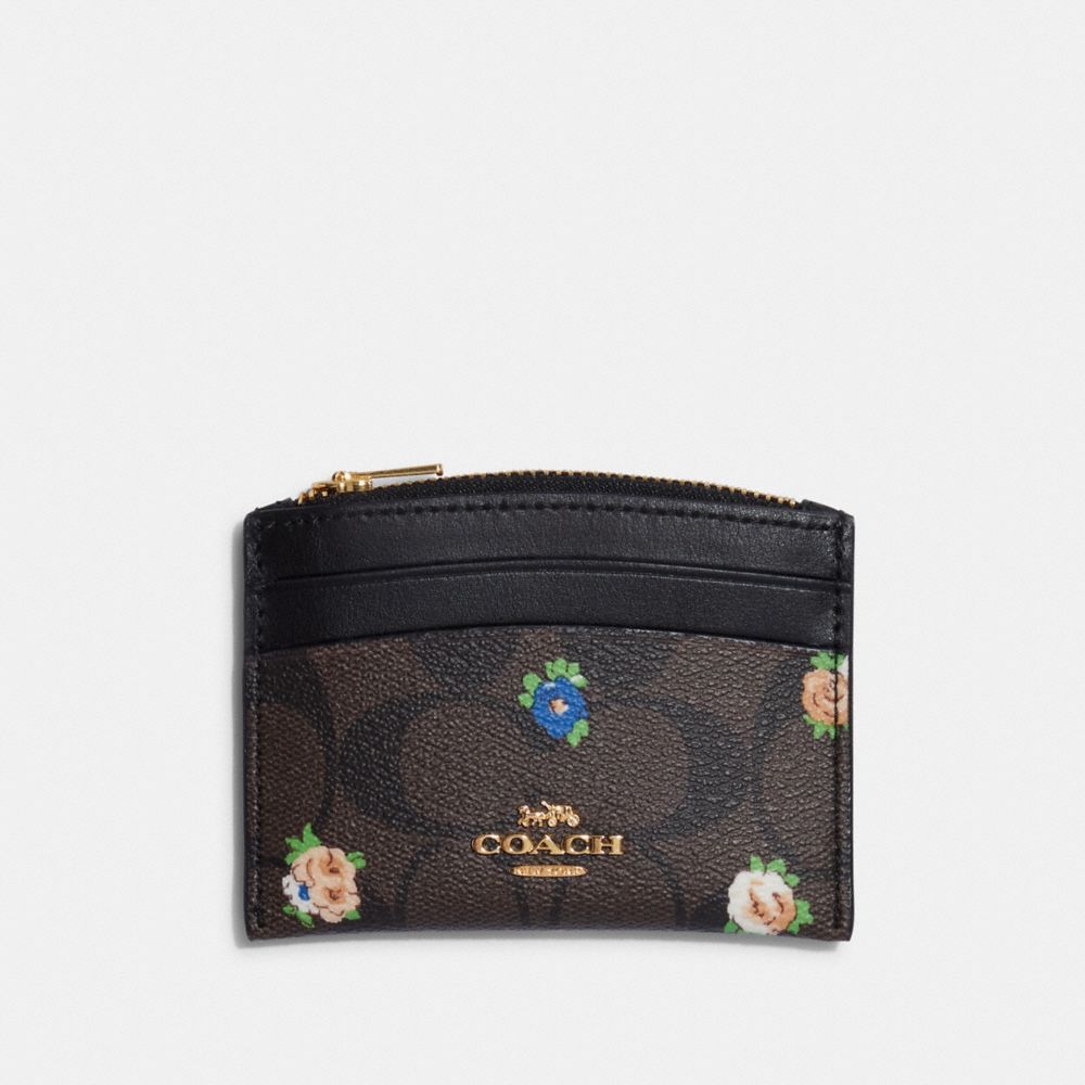 Shaped Card Case In Signature Canvas With Vintage Mini Rose Print - C7386 - GOLD/BROWN BLACK MULTI