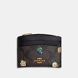 COACH C7386 Shaped Card Case In Signature Canvas With Vintage Mini Rose Print GOLD/BROWN BLACK MULTI