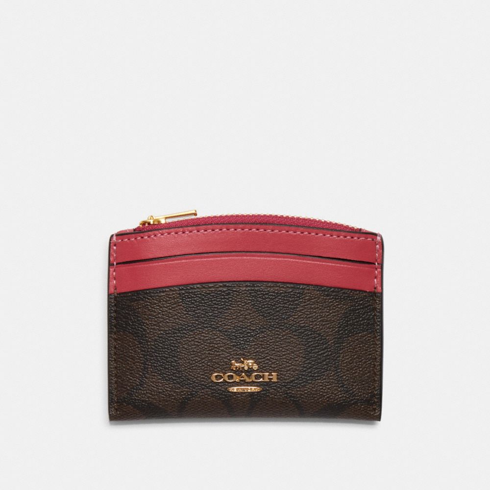 COACH C7399 - Shaped Card Case In Signature Canvas GOLD/BROWN STRAWBERRY