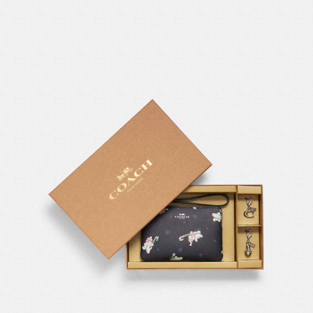 Boxed Corner Zip Wristlet With Snowman Print - SILVER/MIDNIGHT MULTI - COACH C7401