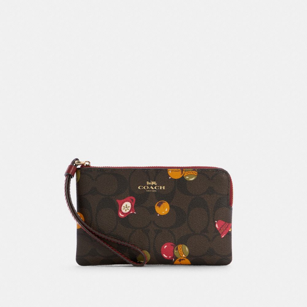 Corner Zip Wristlet In Signature Canvas With Ornament Print - GOLD/BROWN BLACK MULTI - COACH C7405