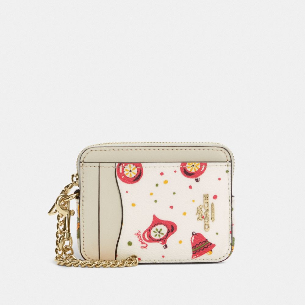 COACH Zip Card Case With Ornament Print - GOLD/CHALK MULTI - C7412