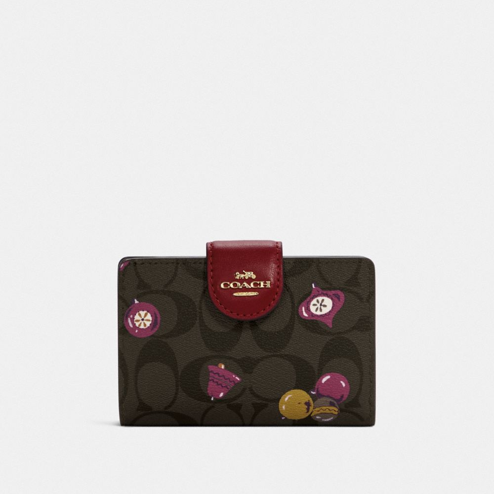 COACH C7414 - Medium Corner Zip Wallet In Signature Canvas With Ornament Print GOLD/BROWN BLACK MULTI