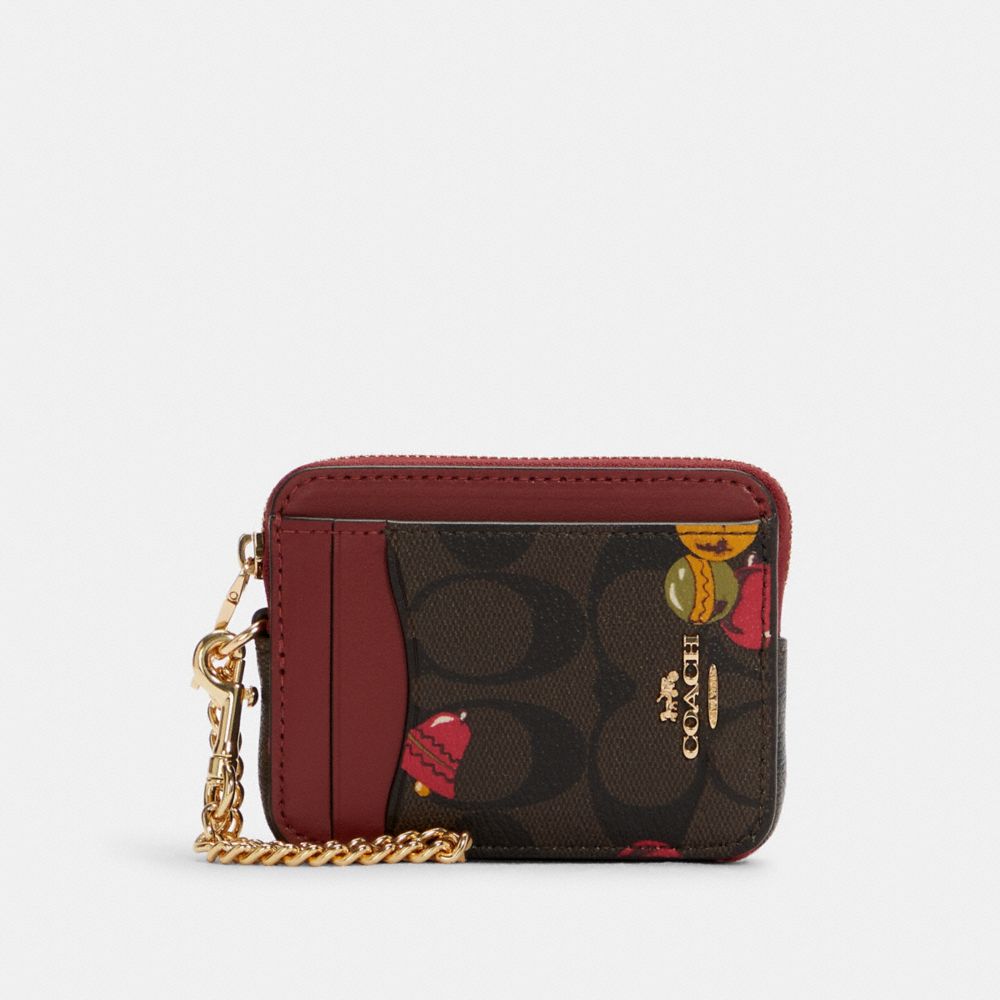 Zip Card Case In Signature Canvas With Ornament Print - C7417 - GOLD/BROWN BLACK MULTI
