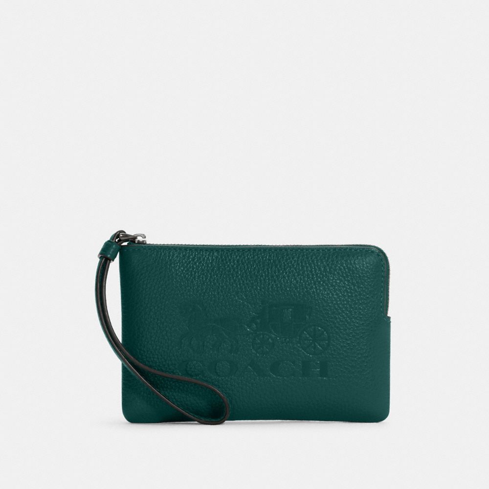 Corner Zip Wristlet With Horse And Carriage - C7420 - GUNMETAL/FOREST