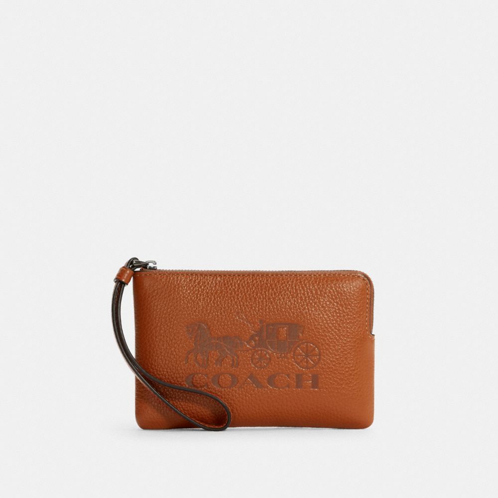 Corner Zip Wristlet With Horse And Carriage - C7420 - GUNMETAL/GINGER