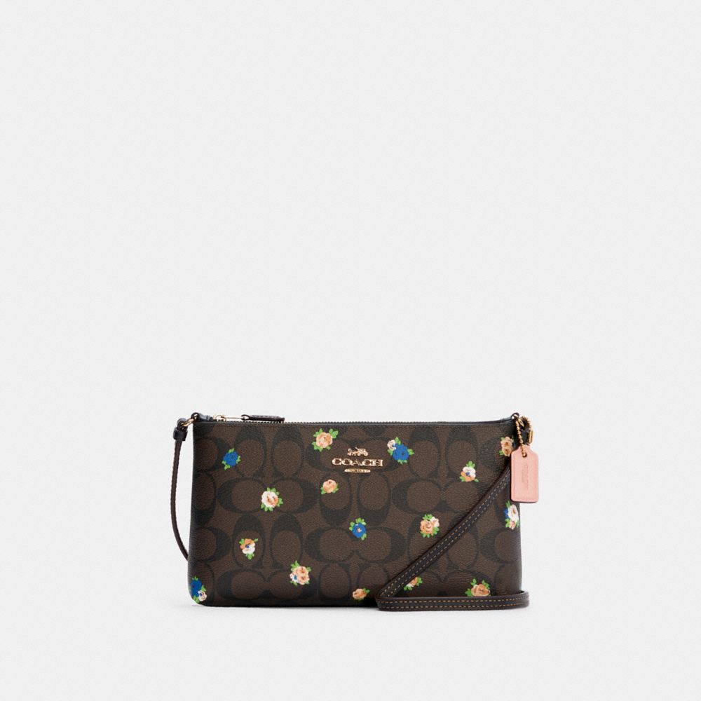 COACH Zip Top Crossbody In Signature Canvas With Vintage Mini Rose Print - GOLD/BROWN BLACK MULTI - C7425