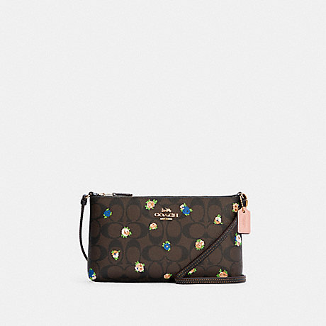 COACH Zip Top Crossbody In Signature Canvas With Vintage Mini Rose Print - GOLD/BROWN BLACK MULTI - C7425