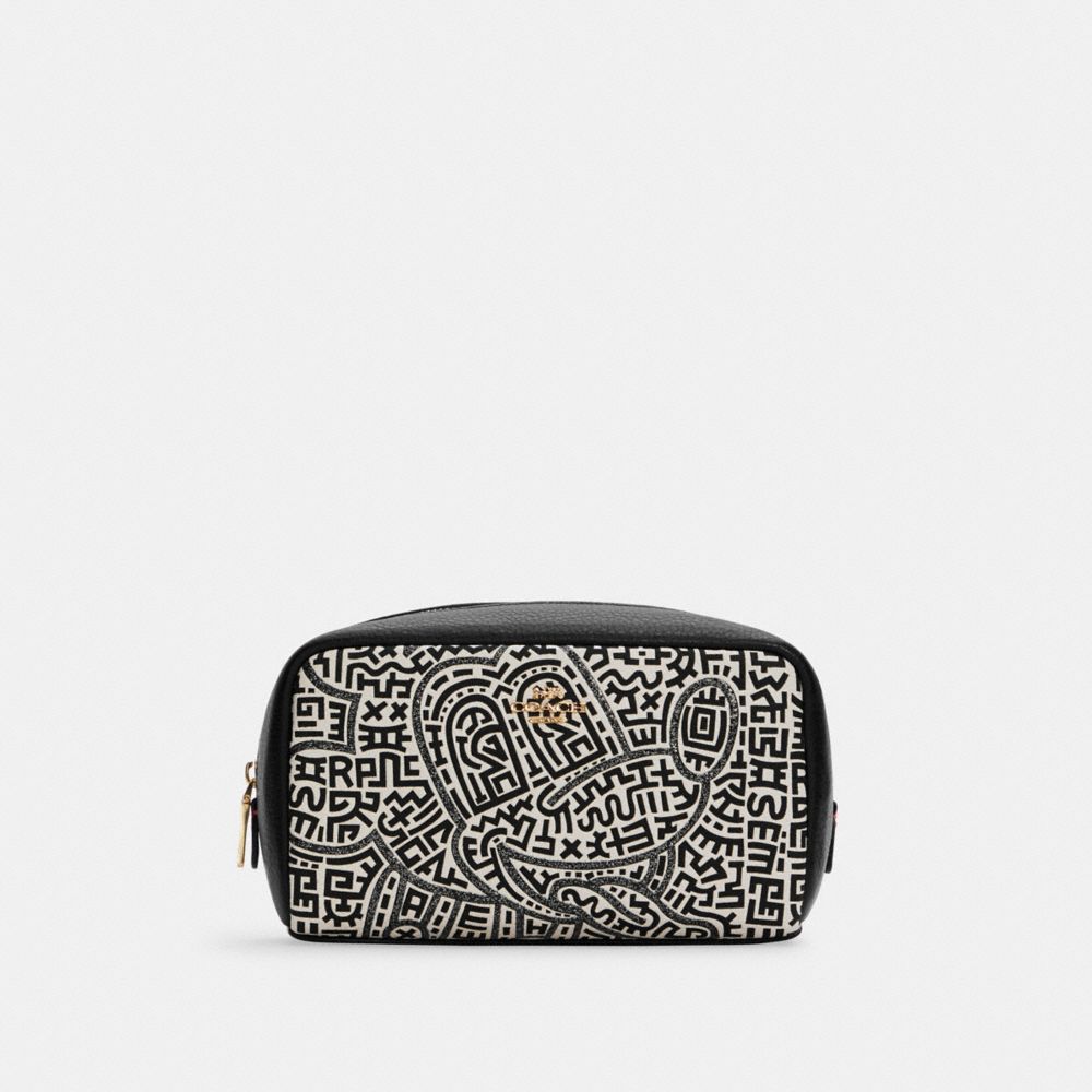 COACH C7436 Disney Mickey Mouse X Keith Haring Small Boxy Cosmetic Case Gold/Chalk Black Multi