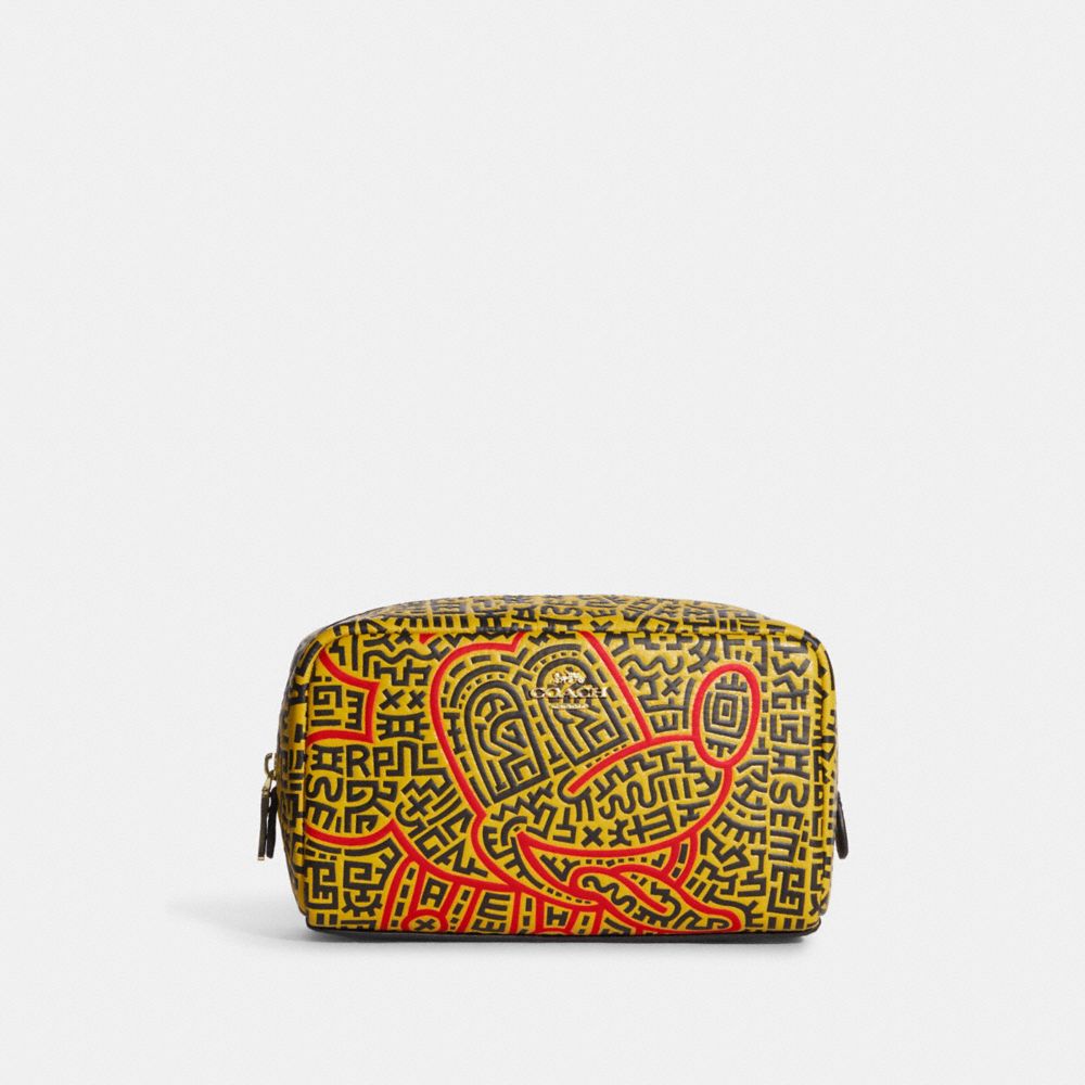 COACH C7436 Disney Mickey Mouse X Keith Haring Small Boxy Cosmetic Case Gold/Yellow/Red