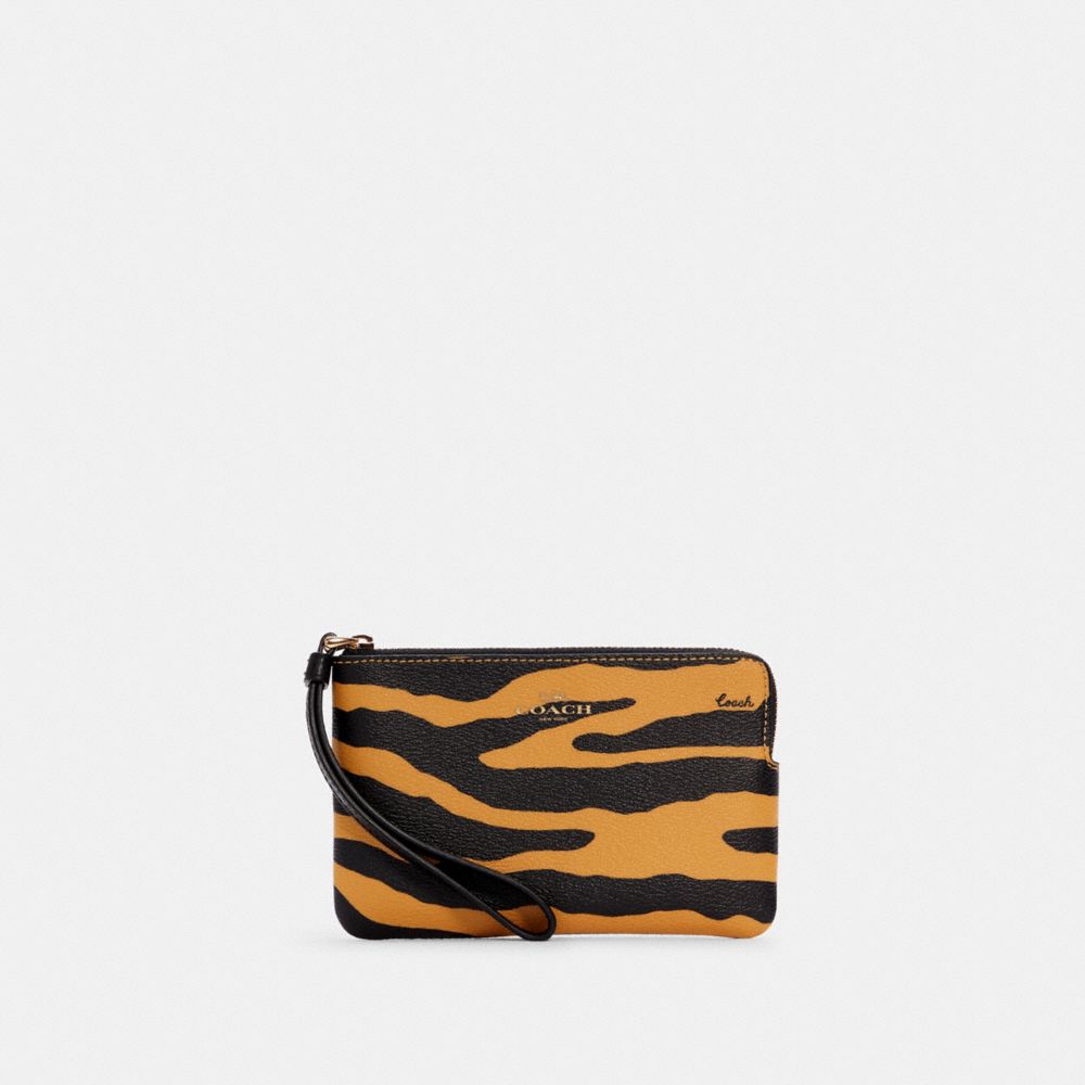 COACH C7440 Corner Zip Wristlet With Tiger Print GOLD/HONEY/BLACK MULTI