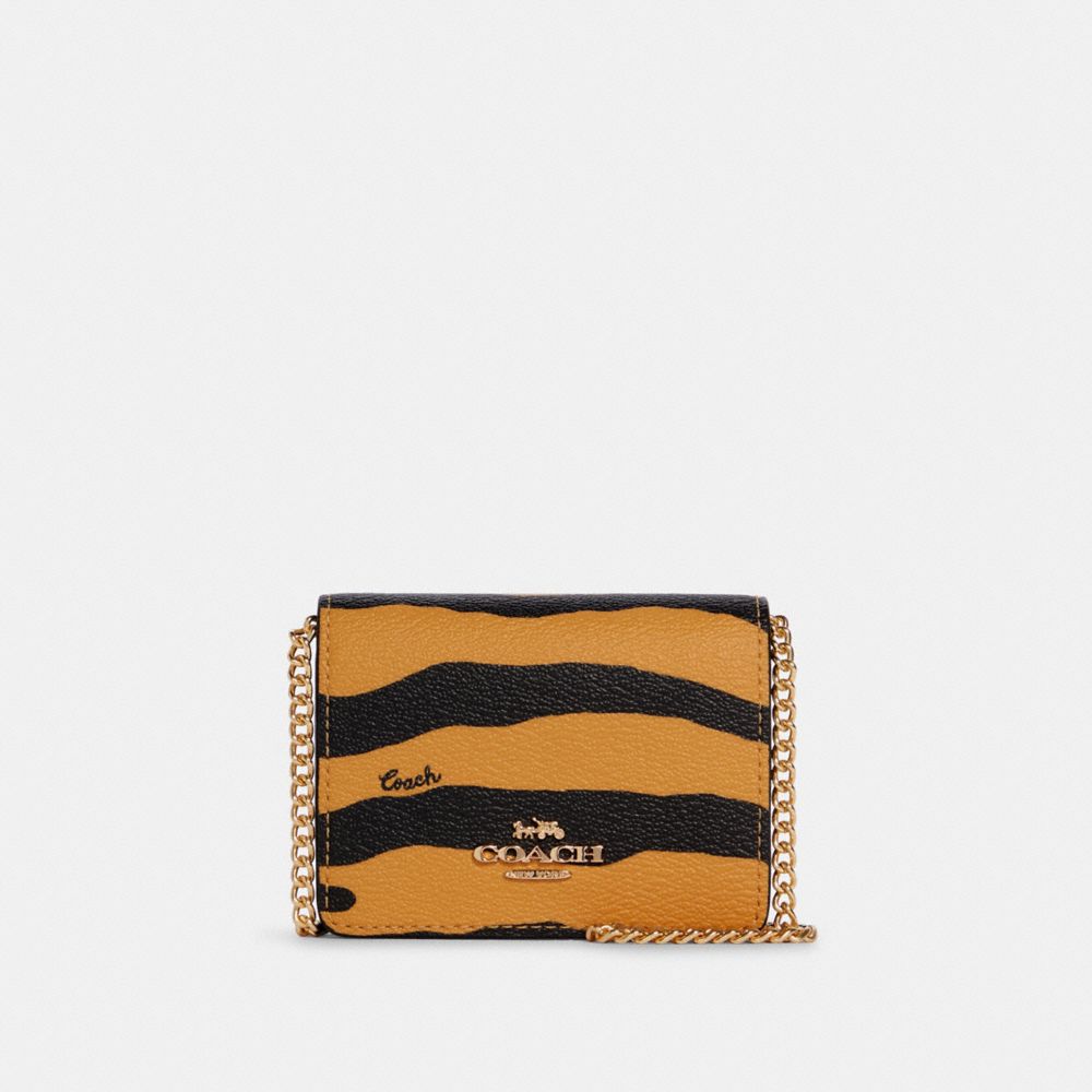 COACH C7441 - Mini Wallet On A Chain With Tiger Print GOLD/HONEY/BLACK MULTI