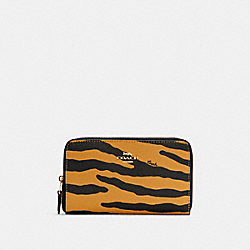 COACH C7442 Medium Id Zip Wallet With Tiger Print GOLD/HONEY/BLACK MULTI