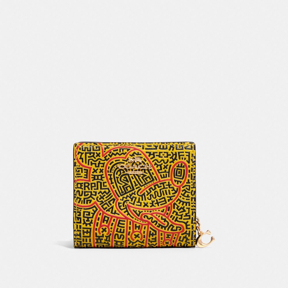 COACH C7446 Disney Mickey Mouse X Keith Haring Snap Wallet GOLD/YELLOW/RED