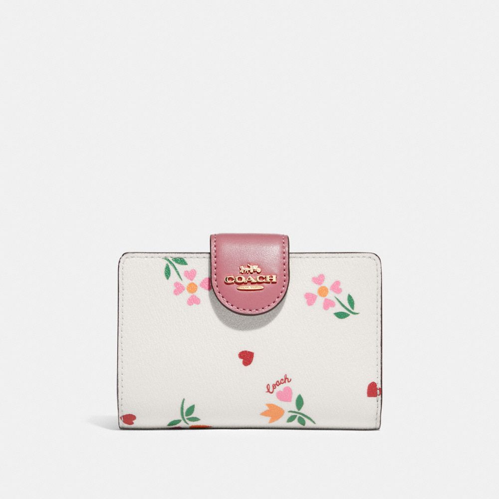 COACH C7652 Medium Corner Zip Wallet With Heart Petal Print GOLD/CHALK MULTI