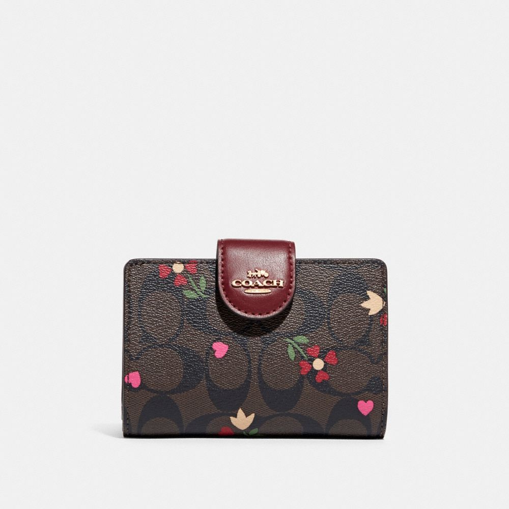 Medium Corner Zip Wallet In Signature Canvas With Heart Petal Print - C7653 - GOLD/BROWN MULTI