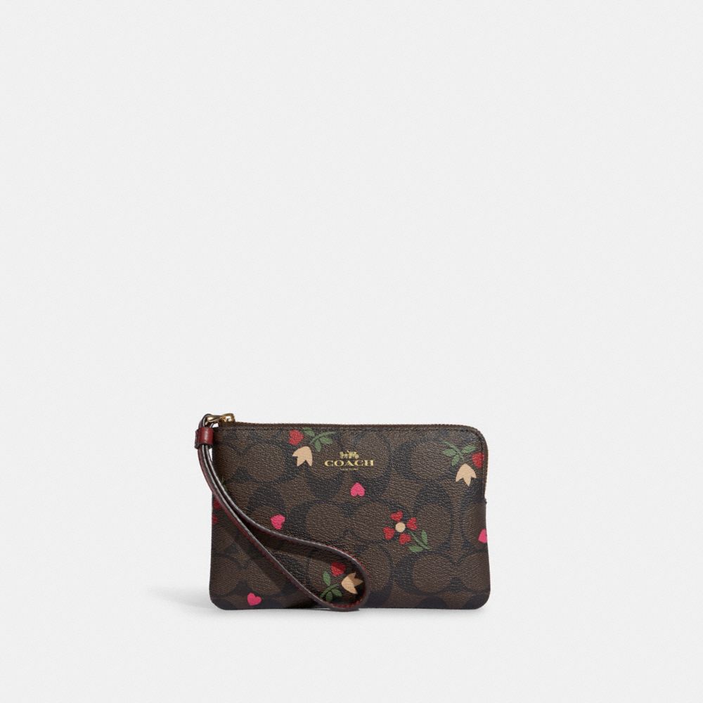 Corner Zip Wristlet In Signature Canvas With Heart Petal Print - GOLD/BROWN MULTI - COACH C7654